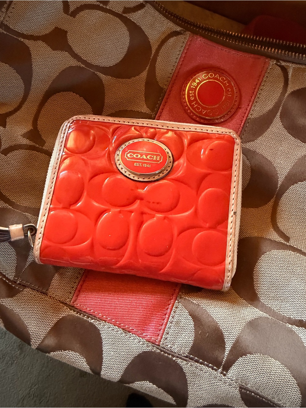 Coach orange Patent Zip-Around Wallet with Cream Trim